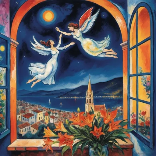 Prompt: Two lovers floating together in the night sky), Expressionist Marc Chagall style, woman arms reaching up 
up on wings of longing from open windowed
balcony,  overlooking Puerto Vallarta, church of the virgin of Guadalupe
water, vibrant flowers surrounding the scene, dreamlike ambiance, romantic mood,  tuxedo and orange cat, male lover offers bouquet of stargazer lillies and flowers 
 , school of Paris style
painterly quality,whimsical elements, enchanting atmosphere, 4K ultra-detailed clarity.