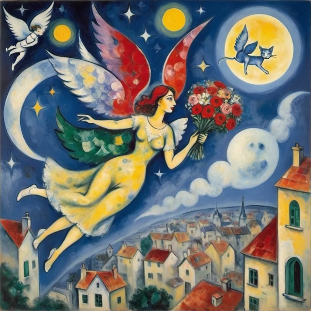 Prompt: Chagall playful 
cubism style. Lovers floating in moonlit, starlit sky. male offers female a bouquet ,wings of longing, ethereal angels, winged cats, harlequin, fiddler, balcony, soft colors, cool tomes


