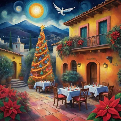 Prompt: (Chagall-inspired surreal scene), Christmas card, charming Mexican outdoor restaurant, beautiful, swimming pool, tables with umbrellas, flowers on the tables, Christmas time, sign that says “Yves”, walls adorned with painted flowers, tile roof, lovers floating in the whimsical sky, graceful wings, surrounded by vibrant flowers, , poinsettia, wreath, majestic avocado tree in front, enchanting magical  Christmas tree, Christmas lights, Mexican style, atmosphere, dreamy mountains in the background, swirly dark moonlight sky, (vivid colors), (4K, ultra-detailed), (cubist, whimsical).