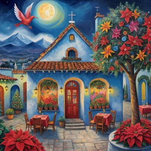 Prompt: (Chagall-inspired surreal scene), restaurant, Christmas card, charming Ajijic Mexican village plaza, restaurant, shops, walls adorned with flowers,, graceful wings,  surrounded by vibrant flowers, poinsettias, tables with  umbrellas, wreath, majestic avocado tree in front, enchanting magical Christmas tree, Christmas lights, Mexican style, atmosphere, dreamy mountains in the background, swirly moonlight sky, (vivid colors), (4K, ultra-detailed), (cubist, whimsical).