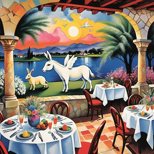 Prompt: Marc Chagall-inspired  Easter card, charming stone Mexican outdoor restaurant, white donkey with Easter bonnet , rabbit chef, beautiful large pool, lake in background, tables with umbrellas, palm and cypress 
trees with twinkling lights, evening sunset, dusk, flowers on the tables, walls adorned with painted flowers, tile roof, lovers floating in the whimsical sky, graceful wings, grass, surrounded by vibrant flowers pots around pool, enchanting magical, twinkling  lights, Mexican style, atmosphere, dreamy mountains in the background, swirly  sky,