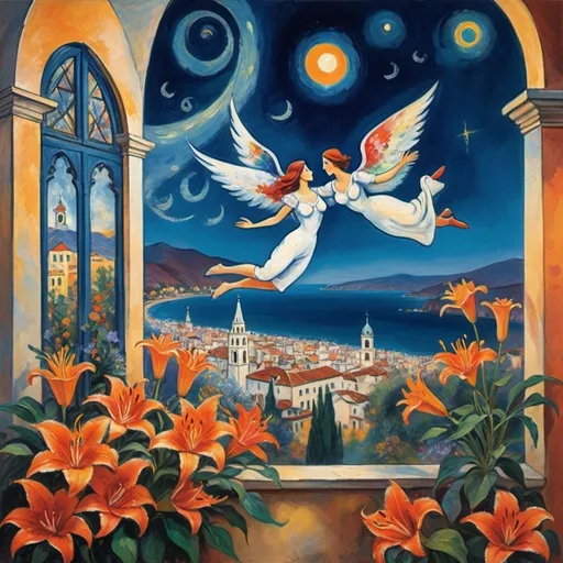 Prompt: Two lovers floating together in the night sky), Expressionist Marc Chagall style, woman arms reaching up 
up on wings of longing from open windowed
balcony,  overlooking Puerto Vallarta, church of the virgin of Guadalupe
water, vibrant flowers surrounding the scene, dreamlike ambiance, romantic mood,  tuxedo and orange cat, male lover offers bouquet of stargazer lillies and flowers 
 , school of Paris style
painterly quality,whimsical elements, enchanting atmosphere, 4K ultra-detailed clarity.