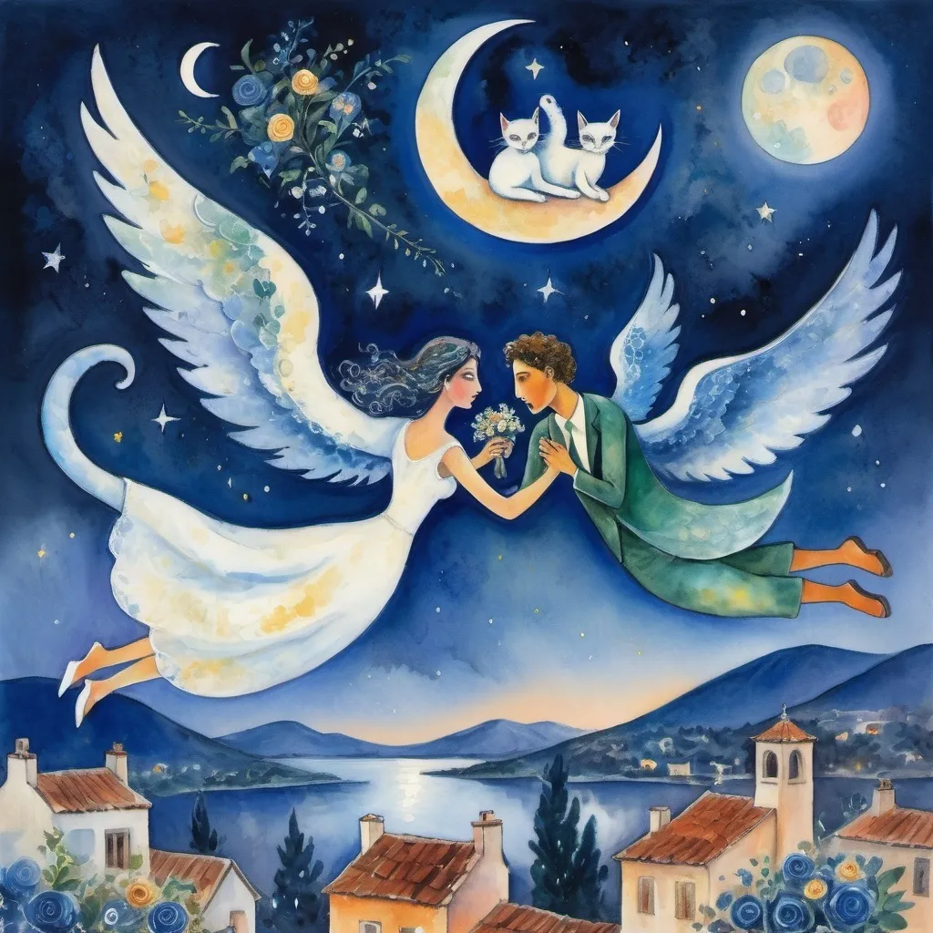 Prompt: (Watercolor Painting in playful primitive surrealist 
Marc Chagall style), 2 lovers float in soft starry night sky above Ajijic Mexico with beautiful floral bouquet, playful milky moon, rmisty 
omantic scene,  balcony below, male offers woman beautifully arranged bouquet, whimsical and dreamy atmosphere,  cool tones of blue and white, soft glowing lights,impressionistic, soft colors, swirly enchanting night sky, infused with magic and love. Winged cats, angels
