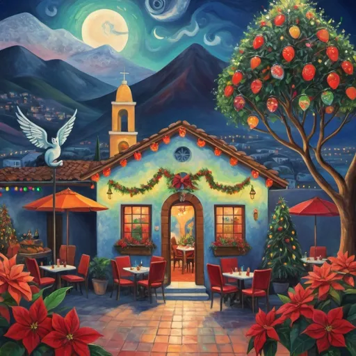 Prompt: (Chagall-inspired surreal scene), Christmas card, charming Mexican outdoor restaurant, beautiful, swimming pool, tables with umbrellas, flowers on the tables, Christmas time, sign that says “Yves”, walls adorned with painted flowers, tile roof, lovers floating in the whimsical sky, graceful wings, fluffy cat surrounded by vibrant flowers, virgin of Guadalupe, poinsettia, wreath, majestic avocado tree in front, enchanting magical  Christmas tree, Christmas lights, Mexican style, atmosphere, dreamy mountains in the background, swirly dark moonlight sky, (vivid colors), (4K, ultra-detailed), (cubist, whimsical).