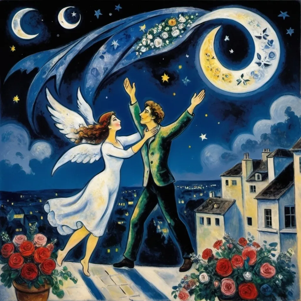 Prompt: Style of Chagall. male and female lovers in the sky. stars Night moon. Woman on balcony raising arms /wings toward male lover in sky reaching down to her with a bouquet of flowers love

