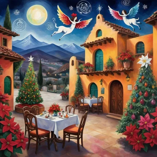 Prompt: (Chagall-inspired surreal scene), Christmas card, charming Mexican outdoor restaurant walls adorned with painted flowers, tile roof, lovers floating in the whimsical sky, graceful wings, fluffy dog, white burro with fancy hat, surrounded by vibrant flowers, virgin of Guadalupe, poinsettia, wreath, majestic avocado tree in front, enchanting magical , Christmas tree, Christmas lights, Mexican style, atmosphere, dreamy mountains in the background, swirly dark moonlight sky, (vivid colors), (4K, ultra-detailed), (cubist, whimsical).