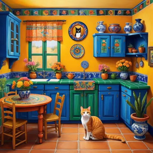 Prompt: Freida Kahlo style painting of Mexican casita kitchen), vibrant bright yellow walls, (traditional blue and green cupboards), colorful flowers in various vases, (decorative Talavera tiles), two adorable cats (furry tuxedo cat and an orange cat), (delicate lace curtains), cozy round table with a floral pattern, inspired by (Frida Kahlo's artistic style), warm and cheerful ambiance, (ultra-detailed), reminiscent of a serene Mexican home.