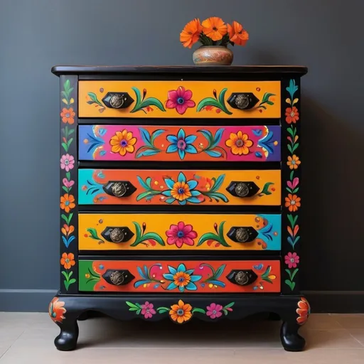 Prompt: (wooden chest of drawers), 65cm x 35cm x 100cm,  4 drawers, (vibrant floral Mexican style), (bold colors), intricately painted flowers, black base, smooth texture, rustic charm, decorative motifs, lighting highlighting the design, high-resolution, elegant atmosphere, well-crafted craftsmanship, artistic flair, bold and dramatic aesthetic.