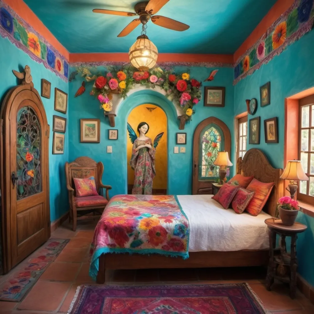 Prompt: (Marc Chagall inspired), (cubist surrealism), charming Mexican casita bedroom, painted flowers on walls, arched windows, vivid colors, turquoise bedspread, Mexican textiles, whimsical ambiance, tile roof, turquoise floral armoire, glowing, delicate wings, bright flowers, playful cats, large avocado tree, enchanting atmosphere, lace curtains, Freida Kahlo influences, angel, candle cozy pillows, ultra-detailed, magical charm, artistic masterpiece.