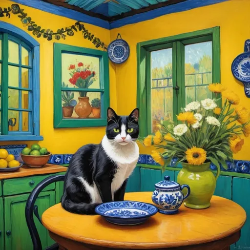 Prompt: Painting in style of Van Gogh 

Charming Mexican casita interior, bright yellow kitchen walls,  blue and green, cabinets, art on wall ,
talavera, fluffy tuxedo cat, dishes,windows, lace curtains, flowers, black, round table with floral pattern, Freida Kahlo portrait, painting





