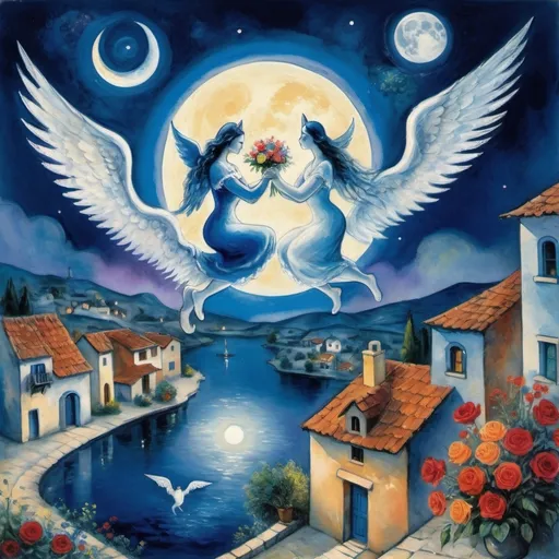 Prompt: (Chagall surrealist style), lovers floating in above a Mexican village in the night sky, (milky moon over village), romantic balcony below, serene lake  below, vibrant flowers surrounding, , male lover bends down to offer woman beautifully arranged bouquet, whimsical and dreamy atmosphere, cool tones of blue and white, soft glowing lights, high detail, Watercolor like colors, enchanting night sky, infused with magic and love. Winged angel cats