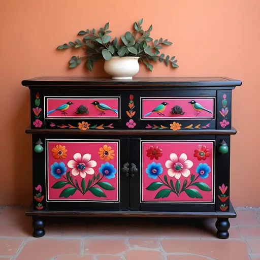 Prompt: Mexican chest with 2 small drawers ot the top with 2 curved shape cabinet doors underneath. Painted flowers on doors and in trim around doors/drawers, 
drawers, simple design, four drawers with knobs centered on each, painted flowers, deep pink, green, blue shades, red, soft roses, birds, Mexican touches,
warm hues, elegant floral patterns, artistic craftsmanship, black wood finish, cozy ambiance, handcrafted details, small and stylish, ideal for storage, perfect for adding character to a room, ultra-detailed, high quality.