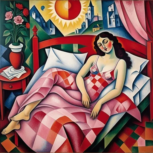 Prompt: reate a painting to illustrate this poem in the style of Marc Chagall, cubist, harlequin, beautiful woman in her bed wearing scarlett silk slip. Soft, romantic colors


Melancholy Pink
I wear her as a slip of silk
The color of the setting sun
The color of my broken heart
For once again I've come undone
Once again I dared to dream
Only once again to lose
I'll bet you never dreamed that you'd become my muse.
I wear her as a faded dress of melancholy pink
Come to tame my feral mind
That it might cease to think
And once again she'll hold me
In her heavenly embrace
Then vanish like a lover, Pouf, she's gone without a trace.