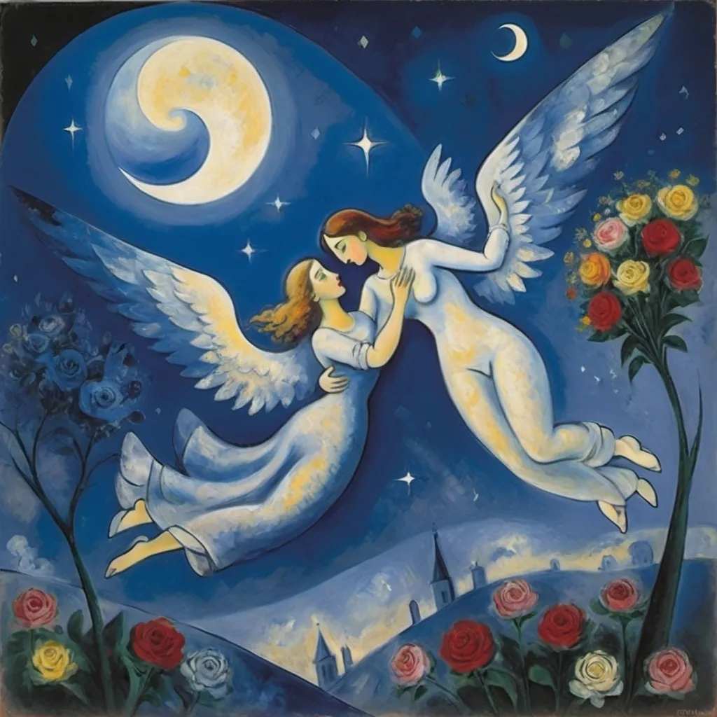 Prompt: Chagall cubism style. Lovers floating in moonlit, starlit sky. male offers female a bouquet wings of longing, ethereal

