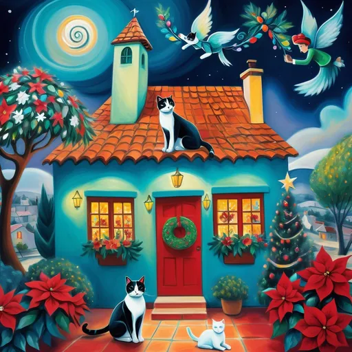 Prompt: (Chagall-inspired surreal scene), Christmas card, Christmas scene, Sparkling Lights, swirling sky charming turquoise Mexican casita, walls adorned with painted flowers, tile roof, lovers floating in the whimsical sky, graceful wings, surrounded by vibrant flowers, tuxedo cat, poinsettia, Christmas tree,wreath, majestic avocado tree in front, enchanting magical , Christmas tree, Christmas lights, angels, Mexican style, atmosphere, dreamy mountains in the background, swirly dark moonlight sky, (vivid colors), (4K, ultra-detailed), (cubist, whimsical).