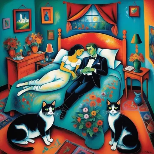 Prompt: (Marc Chagall style painting) man and woman couple lounging in bed with 3 tuxedo cats , playfully resting, (turquoise bedspread) adorned with (vibrant flowers), warm ambient lighting, soft colorful Mexican style Casita bedroom, whimsical elements reflecting love and comfort, intricate patterns on walls, serene atmosphere, ultra-detailed, cinematic masterpiece, expressive brush strokes capturing emotion and harmony, dreamlike quality.