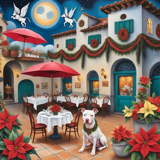 Prompt: (Chagall-inspired surreal scene), restaurant, Christmas card, charming Mexican outdoor restaurant, walls adorned with flowers, tile roof, angels floating in the whimsical sky, beautiful pool surrounded by plants  graceful wings, pitbull dog,
, white burro with fancy Christmas hat, surrounded by vibrant flowers, poinsettias,  tables, wreath, flowers, enchanting magical , Christmas tree, Christmas lights, Mexican style, atmosphere, dreamy mountains in the background, swirly dark moonlight sky, (vivid colors), (4K, ultra-detailed), (cubist, whimsical).