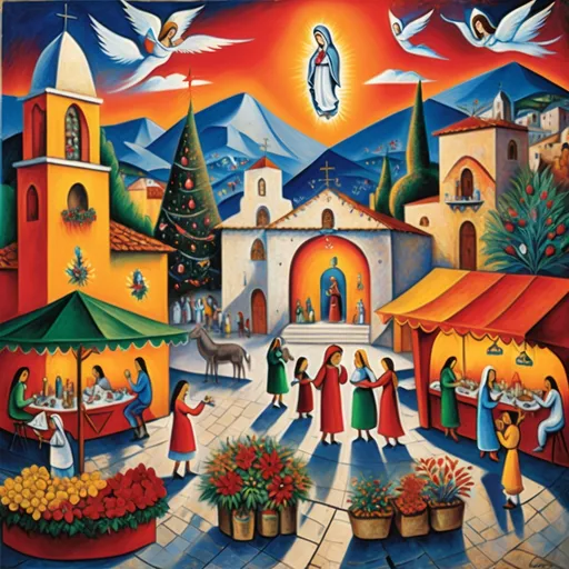 Prompt: (colorful surrealist expressionist painting), (Mark Chagall style), Christmas scene, Ajijic plaza with restaurants and shops, charming stone chapel, nativity scene, festive kiosk, vibrant flowers and poinsettias, Virgin of Guadalupe, whimsical sky with enchanting angels, bustling vendors, majestic mountains in the background, magical atmosphere, rich color tones, ultra-detailed, 4K quality.