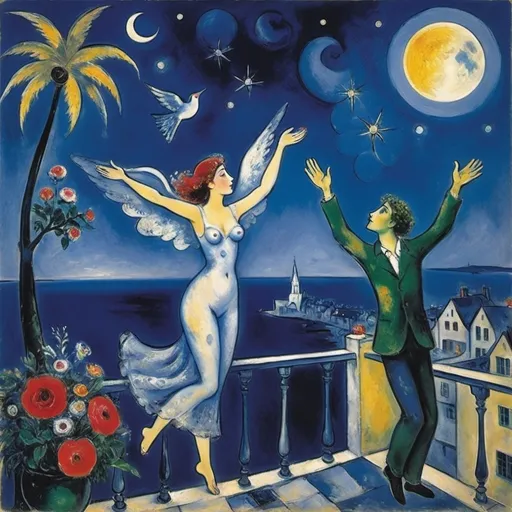 Prompt: Marc Chagall whimsical surrealist style. Cobalt night sky infused with love and magic, full moon woman balcony with arms stretched up words her male lover in the sky reaches down with a bouquet of flowers to offer her ocean, flowers, palm trees, bird, angels fiddler.