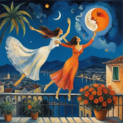 Prompt: Two lovers floating together in the night sky), Expressionist surrealist Marc Chagall style, woman arms reaching up 
up on wings of longing from open windowed, milky moon and sky,
balcony,  overlooking Ajijic, Mexico
water, palm trees, vibrant flowers surrounding the scene, dreamlike ambiance, romantic mood,  tuxedo and orange cat, male lover offers bouquet of flowers 
 , school of Paris style
painterly quality,whimsical elements, enchanting atmosphere, 4K ultra-detailed clarity.