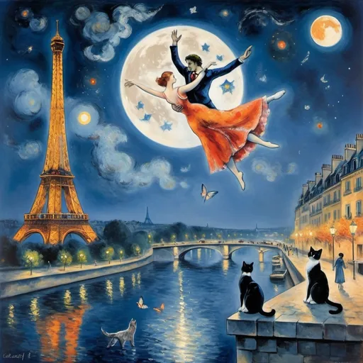 Prompt: Two lovers floating together in the night sky), (Marc Chagall surrealist style), full moon, stars, woman reaching up on wings of longing from
balcony,  overlooking Paris, Eifffel tower, soft reflections on tranquil water, vibrant flowers surrounding the scene, dreamlike ambiance, romantic mood,  tuxedo cat, orange cat 
painterly quality, artistic expression, whimsical elements, enchanting atmosphere, 4K ultra-detailed clarity.