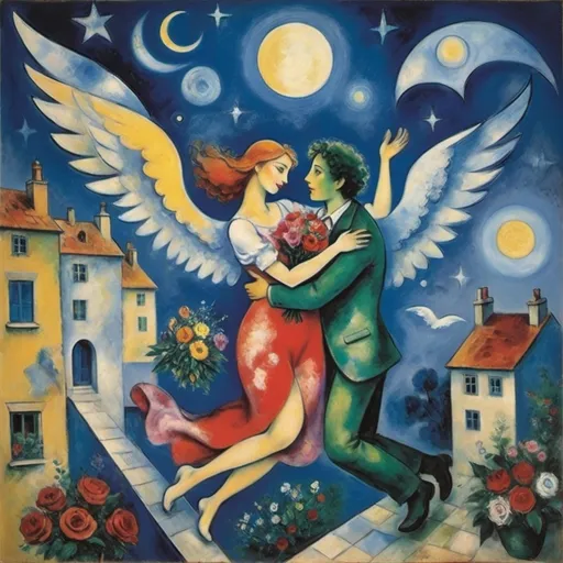 Prompt: Chagall playful 
cubism style. Lovers floating in moonlit, starlit sky. male offers female a bouquet ,wings of longing, ethereal angels, winged cats, harlequin, fiddler, balcony, soft colors

