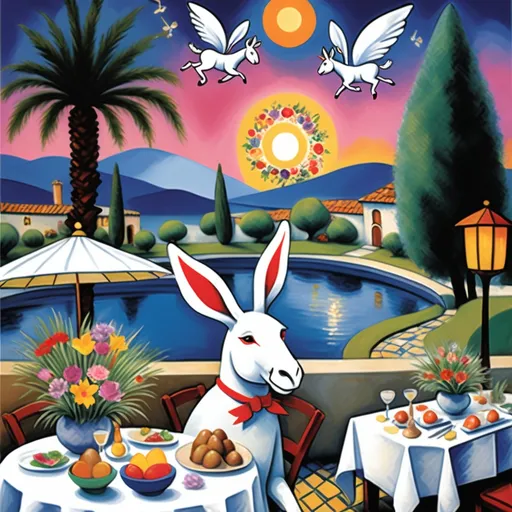 Prompt: Marc Chagall-inspired  Easter card, charming stone Mexican outdoor restaurant, white donkey with Easter bonnet , rabbit chef, beautiful large pool, lake in background, tables with umbrellas, palm and cypress 
trees with twinkling lights, evening sunset, dusk, flowers on the tables, walls adorned with painted flowers, tile roof, lovers floating in the whimsical sky, graceful wings, grass, surrounded by vibrant flowers pots around pool, enchanting magical, twinkling  lights, Mexican style, atmosphere, dreamy mountains in the background, swirly  sky,(4K, ultra-detailed), 