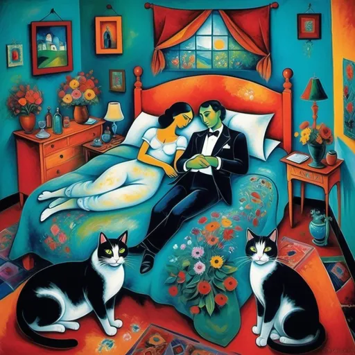 Prompt: (Marc Chagall style painting) man and woman couple lounging in bed with 3 tuxedo cats , playfully resting, (turquoise bedspread) adorned with (vibrant flowers), warm ambient lighting, soft colorful Mexican style Casita bedroom, whimsical elements reflecting love and comfort, intricate patterns on walls, serene atmosphere, ultra-detailed, cinematic masterpiece, expressive brush strokes capturing emotion and harmony, dreamlike quality.