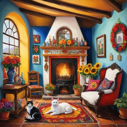 Prompt: (Painting of Mexican Casita interior), small quaint cozy cottage living room, (chimney fireplace with fire), beautiful flowers, lace curtains, arched windows, tuxedo cat, white sofa with colorful pillows, flower-patterned armchair, poinsettias, sunflowers, Christmas tree, wreath, garland, glowing, magical, Talavera ceramics, bright sunshine filtering in, birds nearby, (surrealist whimsical expressionist painting style), inspired by Frida Kahlo and Marc Chagall, vibrant colors, detailed textures, (4K ultra-detailed ambience), cozy and eclectic atmosphere.