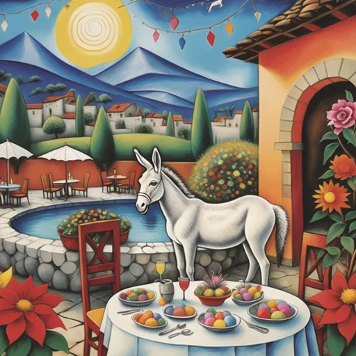 Prompt: Marc Chagall-inspired, surreal scene, primitive style Easter card, charming stone Mexican outdoor restaurant, donkey with Easter bonnet , beautiful large pool, lake in background, tables with umbrellas, flowers on the tables, walls adorned with painted flowers, tile roof, lovers floating in the whimsical sky, graceful wings, grass, surrounded by vibrant flowers pots around pool,  majestic avocado tree in front, enchanting magical, twinkling  lights, Mexican style, atmosphere, dreamy mountains in the background, swirly  sky,(4K, ultra-detailed), 