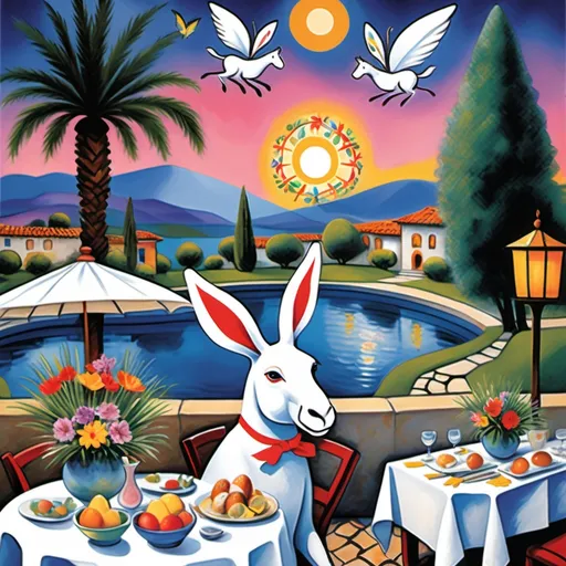 Prompt: Marc Chagall-inspired  Easter card, charming stone Mexican outdoor restaurant, white donkey with Easter bonnet , rabbit chef, beautiful large pool, lake in background, tables with umbrellas, palm and cypress 
trees with twinkling lights, evening sunset, dusk, flowers on the tables, walls adorned with painted flowers, tile roof, lovers floating in the whimsical sky, graceful wings, grass, surrounded by vibrant flowers pots around pool, enchanting magical, twinkling  lights, Mexican style, atmosphere, dreamy mountains in the background, swirly  sky,(4K, ultra-detailed), 