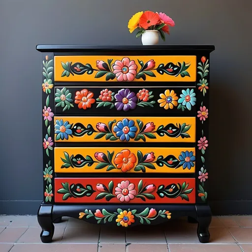 Prompt: (4 drawer large, black wooden chest of drawers), 
 with big painted Mexican flowers,  black base, soft colors, talavera,

