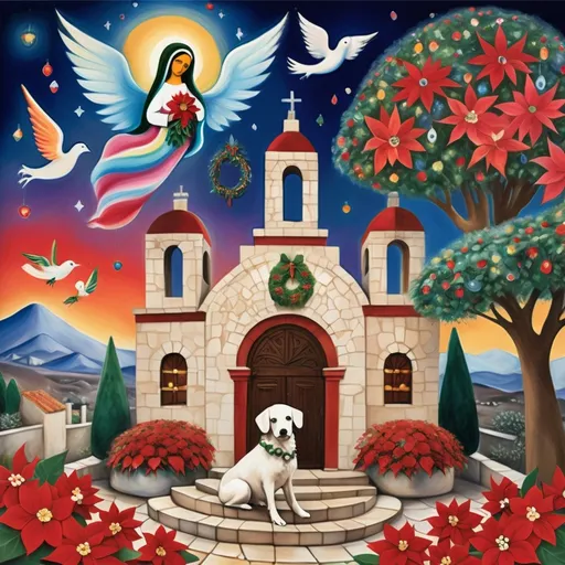 Prompt: (Chagall-inspired surreal scene), Christmas card, charming Mexican stone chapel, walls adorned with painted flowers, tile roof, lovers floating in the whimsical sky, graceful wings, fluffy dog, surrounded by vibrant flowers, virgin of Guadalupe, poinsettia, wreath, majestic avocado tree in front, enchanting magical , Christmas tree, Christmas lights, muted colors, Mexican style, atmosphere, dreamy mountains in the background, swirly dark moonlight sky, soft colors
), (4K, ultra-detailed), (cubist, whimsical).