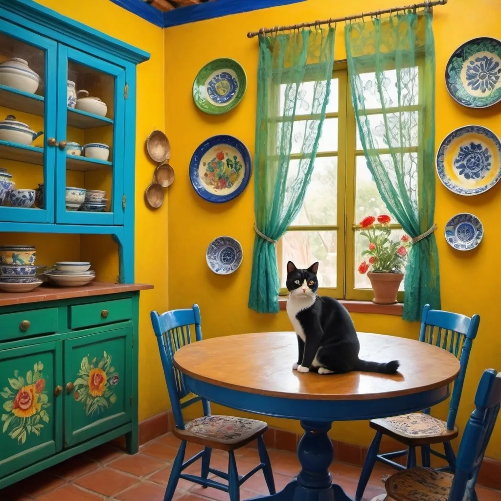 Prompt: Painting in mid century modern

Charming Mexican casita interior, bright yellow kitchen walls,  blue and green, cabinets, art on wall ,
talavera, fluffy tuxedo cat, dishes,windows, lace curtains, flowers, black, round table with floral pattern, Freida Kahlo portrait, painting





