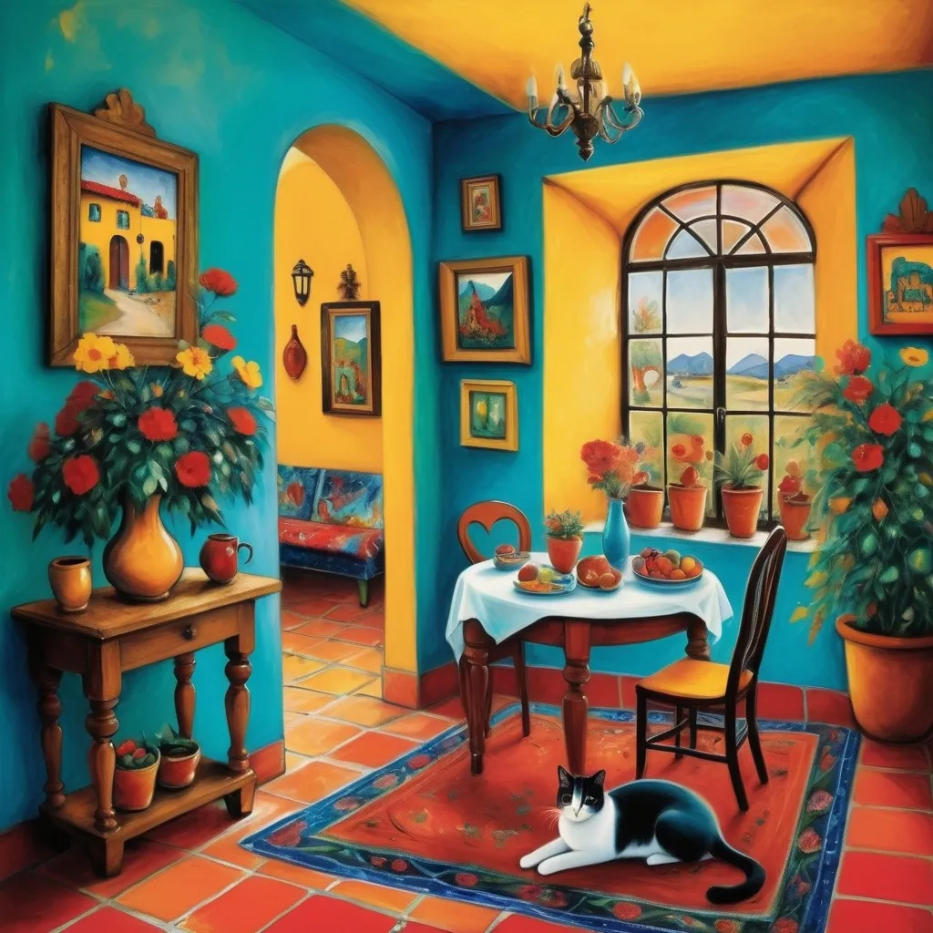 Prompt: Marc Chagall style painting of charming, traditional small, cozy, yellow walls, turquoise, colorful, artsy boho chic, Spanish Colonial style Mexican Casita), charming interior,Christmas, poinsettas, 
 cozy sitting room,  tuxedo cats,combined kitchen and dining room, (brick ceilings), (terra-cotta floors), Frieda Kahlo, 
colorful decor, inviting ambiance, well-structured layout, (cozy and homely atmosphere), high-quality design, lace curtains sunlight streaming in, enhancing architectural features. Tile roof. Arched windows.