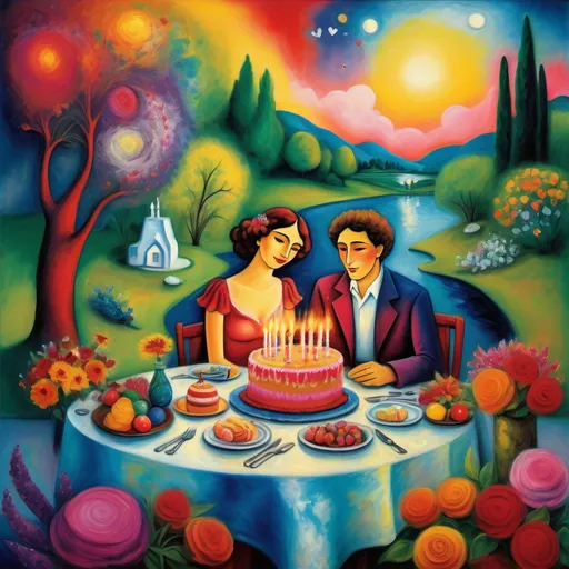 Prompt: (Marc Chagall style) whimsical birthday cake with candles, vibrant outdoor dining table exuding (Mexican flair),happy young couple in love e sitting closely, surrounded by colorful flowers and lush trees, serene pond nearby, invoking primitive and surreal atmosphere, Magical sky with angels and hearts above high depth colors, dreamlike ambiance, (ultra-detailed) expressionist elements, playful perspective, (rich textures), enchanting celebration scene.