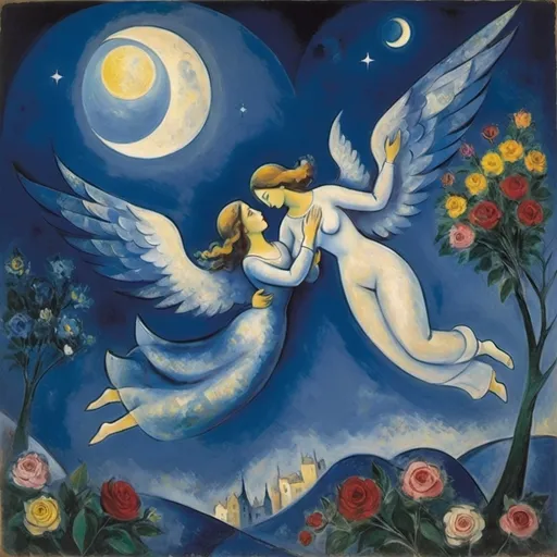 Prompt: Chagall cubism style. Lovers floating in moonlit, starlit sky. male offers female a bouquet wings of longing, ethereal

