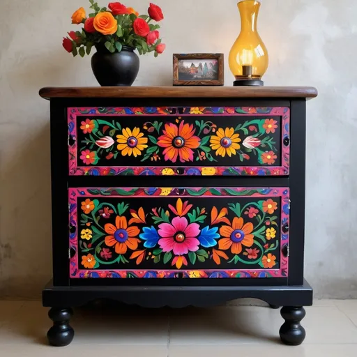 Prompt: (wooden chest of drawers), 65cm x 35cm x 100cm, (vibrant floral Mexican style), (bold colors), intricately painted flowers, black base, smooth texture, rustic charm, decorative motifs, lighting highlighting the design, high-resolution, elegant atmosphere, well-crafted craftsmanship, artistic flair, bold and dramatic aesthetic.