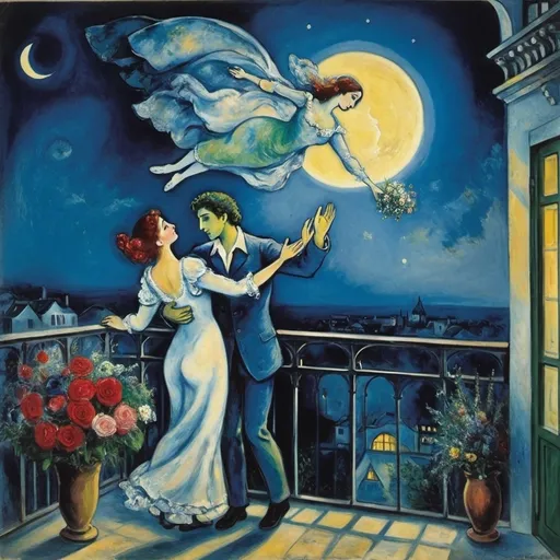 Prompt: Chagall style, night moonlit sky woman at balcony, arms reaching to touch Male Lover in sky extending her a bouquet