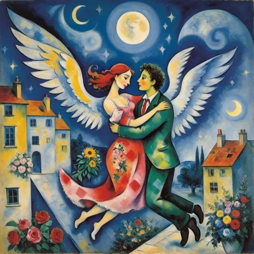 Prompt: Chagall playful 
cubism style. Lovers floating in moonlit, starlit sky. male offers female a bouquet ,wings of longing, ethereal angels, winged cats, harlequin, fiddler, balcony, soft colors

