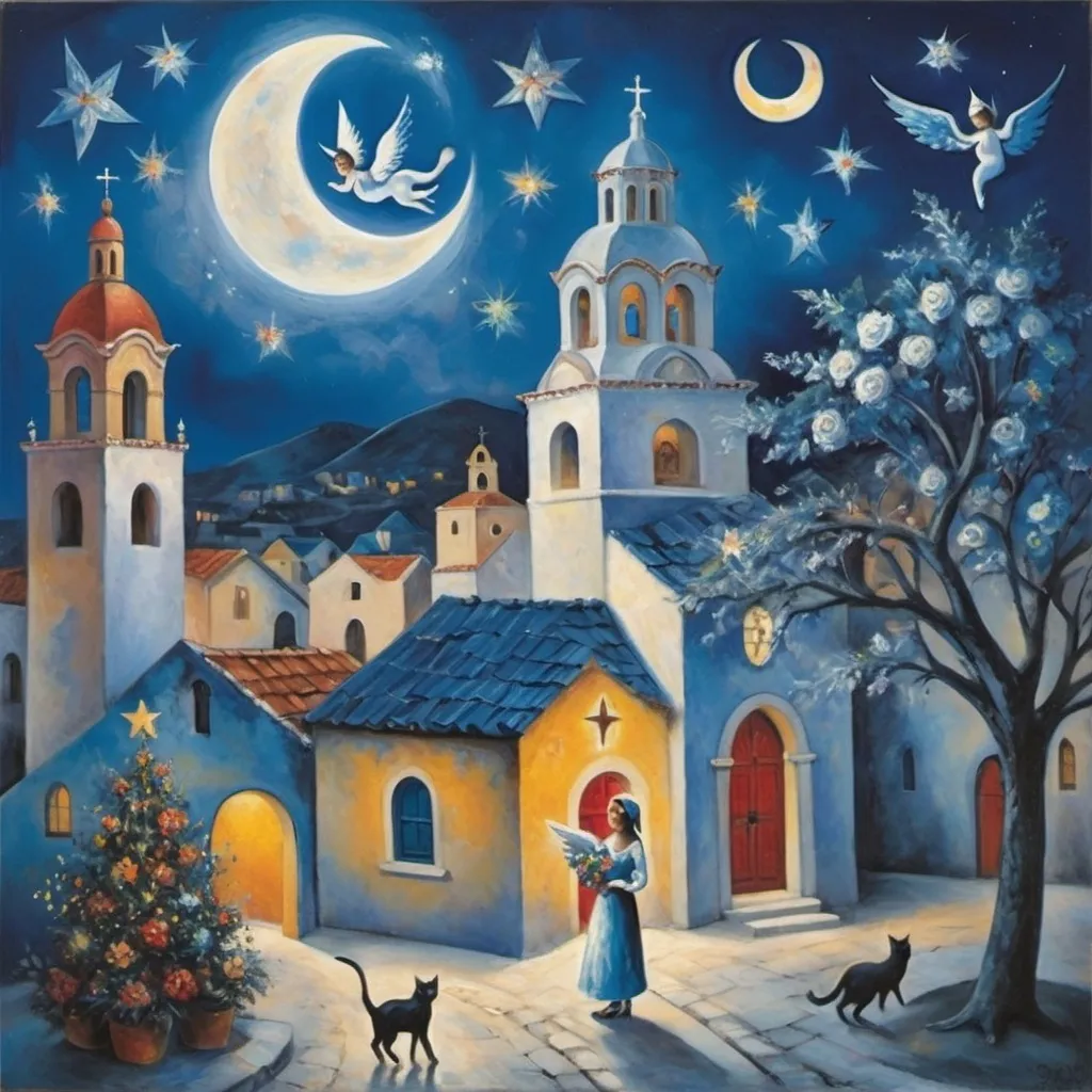 Prompt: Christmas painting in playful primitive surrealist 
Marc Chagall cubist 
style), soft moonlit sky above  Mexican village, lake, plaza with beautiful floral bouquet,Mexican colonial church playful milky moon, ,  harlequin,  beautifully arranged bouquet, flowers . fiddler in sky
whimsical and dreamy atmosphere,  cool tones of blue and white, soft glowing lights, soft colors, swirly enchanting swirly night sky, infused with magic and love. Winged cats, angels, Christmas, navidad ,poinsettas, Virgen of Guadeloupe church with crown steeple
