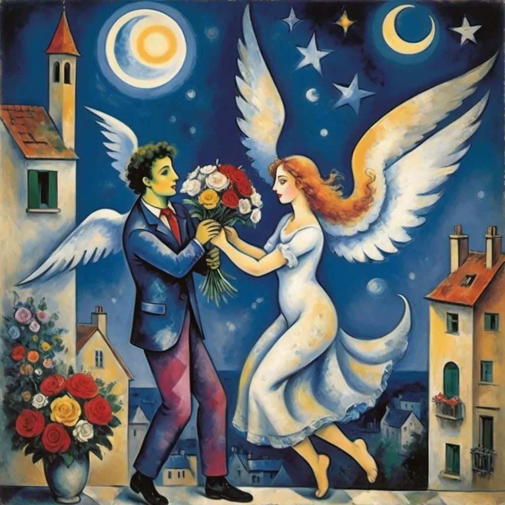 Prompt: Chagall playful 
cubism style. Lovers floating in moonlit, starlit sky. male offers female a bouquet ,wings of longing, ethereal angels, winged cats, harlequin, fiddler, balcony, soft colors

