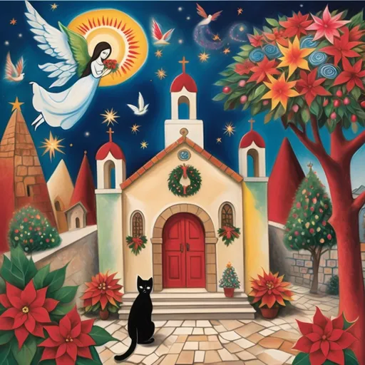 Prompt: (Chagall-inspired surreal scene), Christmas card, charming Mexican stone chapel, walls adorned with painted flowers, tile roof, lovers floating in the whimsical sky, graceful wings, fluffy cat surrounded by vibrant flowers, virgin of Guadalupe, poinsettia, wreath, majestic avocado tree in front, enchanting magical , Christmas tree, Christmas lights, muted colors, Mexican style, atmosphere, dreamy mountains in the background, swirly dark moonlight sky, soft colors
), (4K, ultra-detailed), (cubist, whimsical).