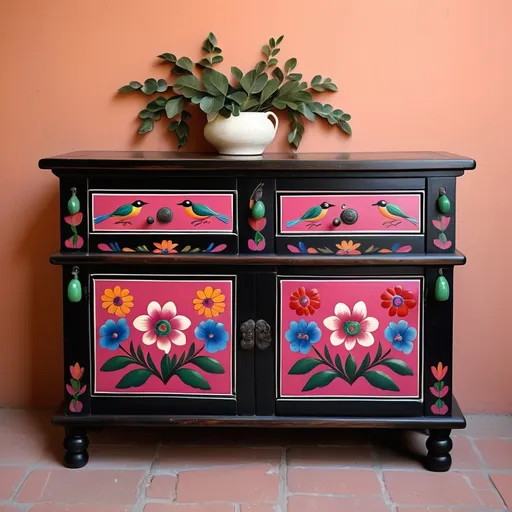 Prompt: Mexican chest with 2 small drawers ot the top with 2 curved shape cabinet doors underneath. Painted flowers on doors and in trim around doors/drawers, 
drawers, simple design, four drawers with knobs centered on each, painted flowers, deep pink, green, blue shades, large, 
soft roses, birds, Mexican touches,
warm hues, elegant floral patterns, artistic craftsmanship, black wood finish, cozy ambiance, handcrafted details, small and stylish, ideal for storage, perfect for adding character to a room, ultra-detailed, high quality. Show against celadon green wall
