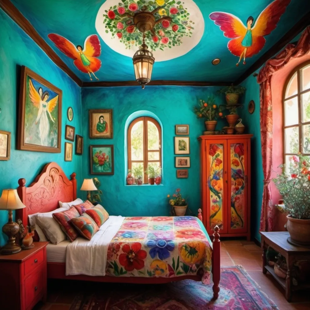 Prompt: (Marc Chagall inspired), (cubist surrealism), charming Mexican casita bedroom, painted flowers on walls, vivid colors, whimsical ambiance, tile roof, turquoise floral armoire, , delicate wings, bright flowers, playful cats, large avocado tree, enchanting atmosphere, lace curtains, Freida Kahlo influences, angel, candle cozy pillows, ultra-detailed, magical charm, artistic masterpiece.