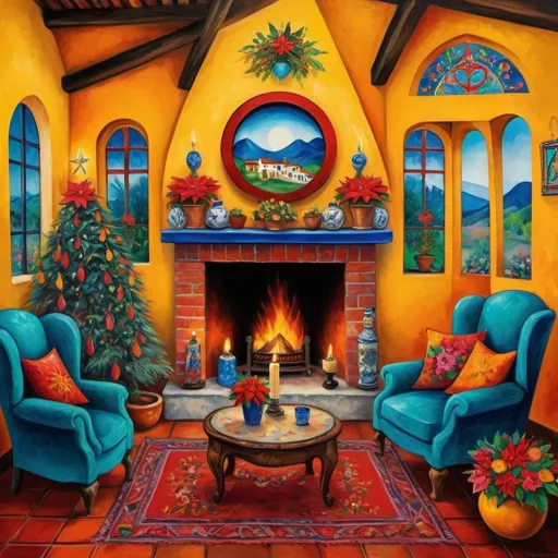 Prompt: Marc Chagall style (Painting of Mexican Casita interior), Christmas card, small quaint cozy cottage living room, (chimney fireplace with fire), beautiful flowers, lace curtains, Talavera, turquoise, arched windows, tuxedo cat, white sofa with colorful pillows, flower-patterned armchair, Talavera ceramics, virgen of Guadalupe sunshine, Christmas tree, wreath, candles, poinsettias, filtering in, birds nearby, (surrealist whimsical expressionist painting style), inspired by Frida Kahlo and Marc Chagall, vibrant colors, detailed textures, (4K ultra-detailed ambience), cozy and eclectic atmosphere.