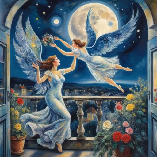 Prompt: (Style of Chagall), enchanting night sky, (full moon) glowing serenely, ethereal woman on balcony with arms raised, male lover floating gracefully in the sky, offers gorgeous flowers), wings
 dreamlike ambiance, intricate and expressive details, surrealistic essence, high-quality imagery, emotional connection.