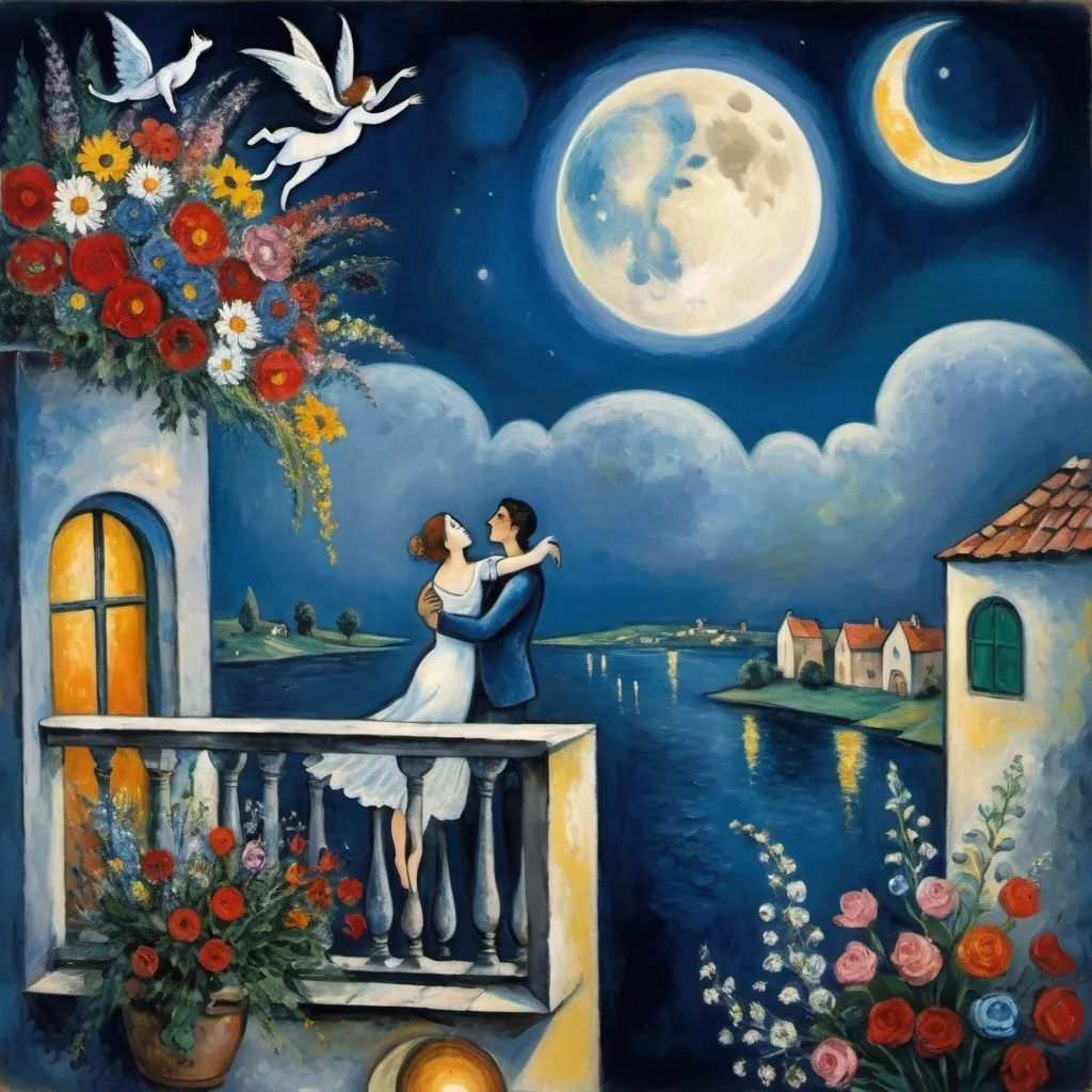 Prompt: Chagall style. Lovers floating in the night, milky moon sky. Balcony, village, lake, ocean flowers, winged cats in sky, fiddler, bouquet, Woman and balcony, reaching towards sky, male lover, offering a bouquet to her from the sky, where he is floating. Primitive, whimsical, surreal.
