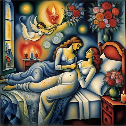 Prompt: (candles burning side-by-side), man and woman lovers in bed, fire, wedding bouquet, cubist style), Marc Chagall influence, intricately detailed dresser, soft dim lighting, flickering flames casting shadows, ethereal flowers intertwined with smoke, whimsical atmosphere, romantic and dreamlike ambiance, high-quality depth, ultra-detailed composition, enchanting color palette, tranquil yet captivating scene. Magical and enchanted.