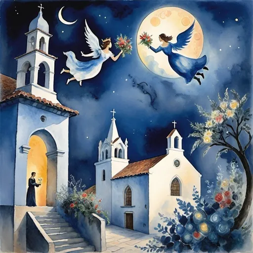 Prompt: (Watercolor Painting in playful primitive surrealist 
Marc Chagall cubist 
style), 2 lovers float in soft moonlit sky above  Ajijic, Mexico  plaza with beautiful floral bouquet,Mexican colonial church playful milky moon, misty 
romantic scene,  harlequin, balcony below, male offers woman beautifully arranged bouquet, flowers . fiddler in sky
whimsical and dreamy atmosphere,  cool tones of blue and white, soft glowing lights,impressionistic, soft colors, swirly enchanting night sky, infused with magic and love. Winged cats, angels, Christmas, navidad ,poinsettas, Virgen of Guadeloupe church with crown steeple
